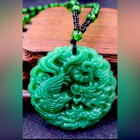 Jewelry - CARVED GREEN PENDANT NECKLACE SHOWING PHOENIX AND DRAGON